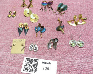 Lot 106: Designer Costume Jewelry Earrings, Brass, Modernist, Stones