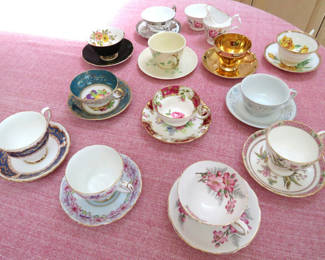 Lot 147: 12 Assorted Bone China Teacups with creamer and sugar