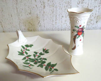Lot 168: 2 Piece Lenox Christmas Candy Dish and Mini Vase