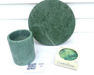 Lot 29: Pottery Barn Green Marble Cheese Board Wine Holder Coasters