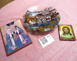 Lot 79: Religious Icon Wall Art and Art Glass Shalom Holiday Bowl