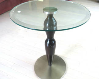 Lot 33: Modern Glass top wood and metal pedestal side table