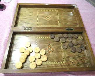 Lot 86: Syrian Style Wood Inlaid Folding Backgammon Set