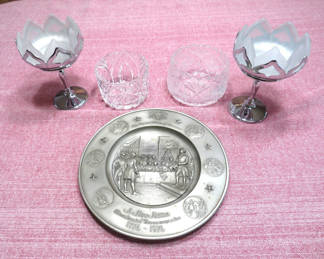 Lot 111: 2 Farberware Art Deco Compote Bowls, Crystal Bowls, and Pewter Commemorative Dish