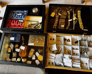 Stamp Boxes, Vestas, Trinket Boxes, Earrings, Bracelets, Coins, Sterling Spoons, (prices vary)
