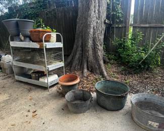 Planters $5- $20, Antique Jelly Kettle $50, Large Plant Shelf $60