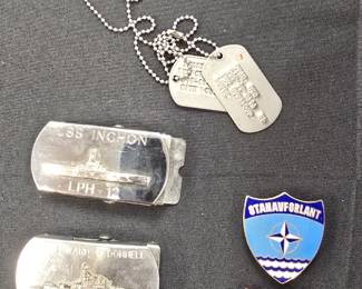 vintage military dog tags and naval belt buckles