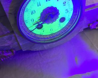 French neoclassical mantel clock garniture set with uranium painted clock face very nice set