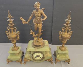 French neoclassical mantel clock garniture set with uranium painted clock face very nice set