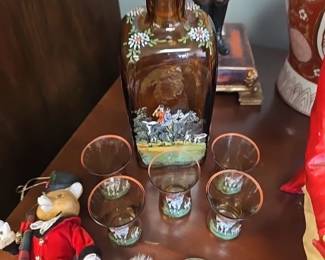 vintage hand painted decanter and glasses