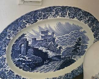 large, blue serving plate, antique