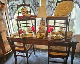 Console or dining room table, 4 vintage chairs