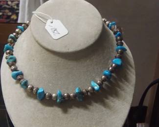 Navajo Silver Bead and Turquoise Necklace
