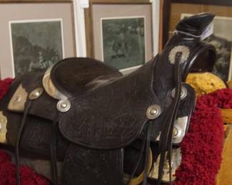 Vintage Silver Mounted and leather tooled  roping saddle