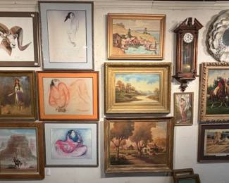 Collection of Fine art paintings and Lithographs, Mirrors Clocks