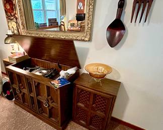 Vintage console stereo system with speakers. Record player needs some repair but radio cassette, and speakers work great.