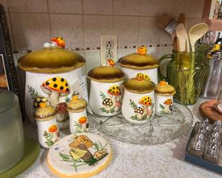 Vintage 1970’s Sears Merry Mushroom set the top of one canister is cracked but we have priced accordingly.