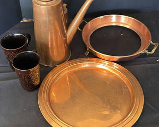 Lot 18: Copper tea set with mugs, tray, and trivet