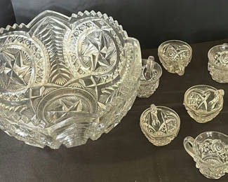 Lot 3: Crystal cut-glass bowl with matching cups and bowls