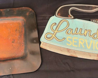 Lot 7: Vintage Laundry Service sign and rusted metal baking pan
