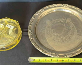 Lot 5: Amber glass candy dish with lid and engraved silver serving plate