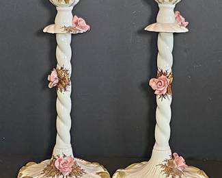 MorettiEste Ceramic Candlesticks with Pink Roses and Gilded Accents