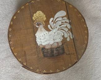 HandPainted Wooden Round Box with Rooster and Eggs, Signed B. Miller