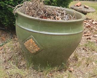 Large Green Ceramic Planter with Floral Medallion