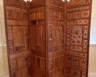 Vintage HandCarved Teak Wood Panel Room Divider Screen