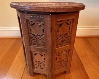 Vintage AngloIndian HandCarved Octagonal Folding Side Table