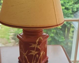 Vintage Red Ceramic Ginger Jar Lamp with Raised Bamboo Motif
