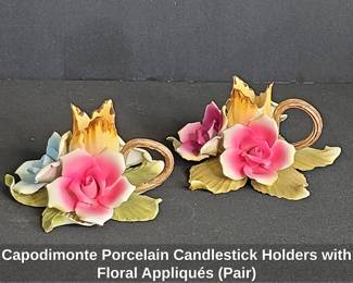 Capodimonte Porcelain Candlestick Holders with Floral Appliqus Pair