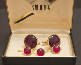 Swank Red Cabochon Cufflinks and Stud Set in Original Box