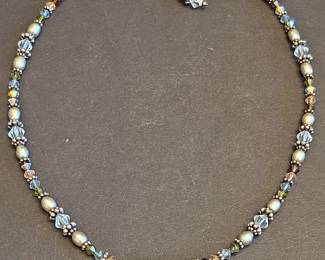 Sterling Silver Beaded Necklace with Crystal Accents