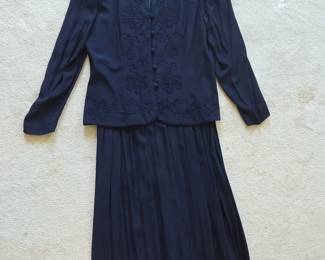 Karin Stevens Navy Blue Beaded Floral Embroidered Jacket and Pleated Skirt Set