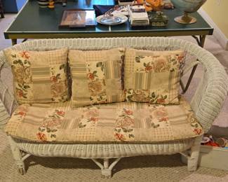 White Wicker Loveseat with Floral Patchwork Cushions  Henry Link Style