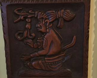 Mayan Carved Wooden Plaque  Seated Figure