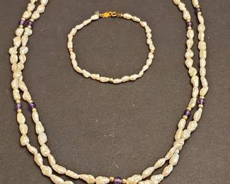 TwoStrand Freshwater Pearl Necklace and Bracelet Set with 14 k Gold Beads and Amethyst Accents