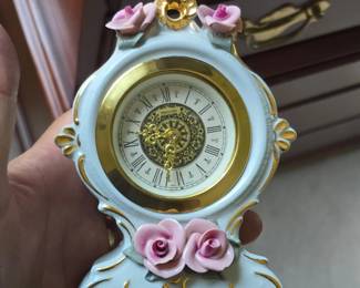 Mercedes Porcelain Mantel Clock with Pink Roses and Gilded Accents