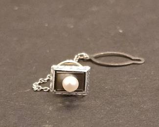 Vintage Sterling Silver and Onyx Pearl Tie Tack