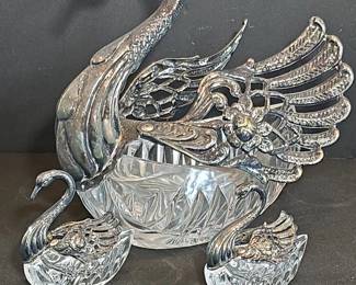 Silver Plated Crystal Swan Salt Cellar Set