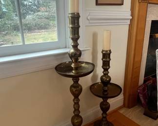 Pair of Tall Brass Floor Candlesticks with Drip Pans