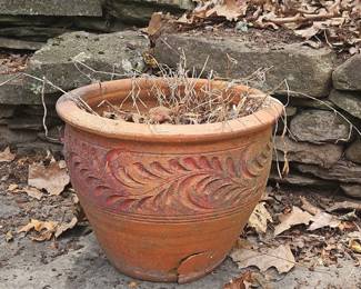 Terracotta Planter with Embossed Floral Motif and Crack