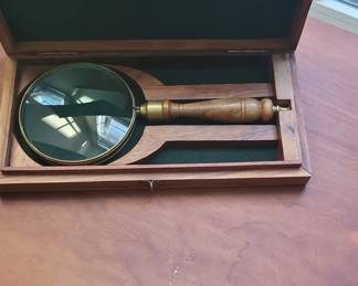 Wooden Box Magnifying Glass Set  Brass and Wood