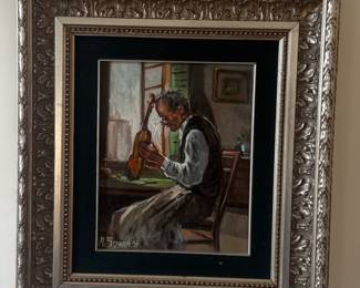 Oil Painting of a Violin Maker by A. Soueli, dated 
