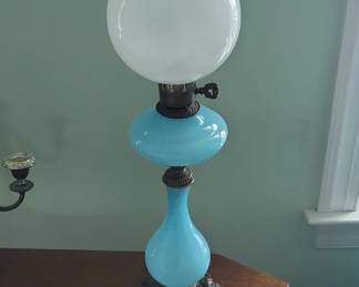 Victorian Blue Opaline Glass Gone With The Wind Style Lamp