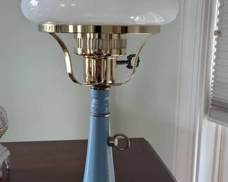 Vintage Blue Ceramic and Brass Hurricane Lamp