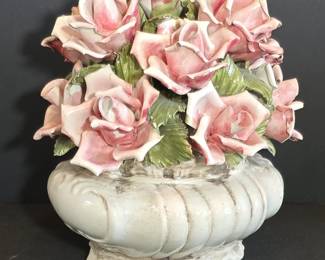 Vintage Capodimonte Porcelain Pink Rose Arrangement in Fluted Urn