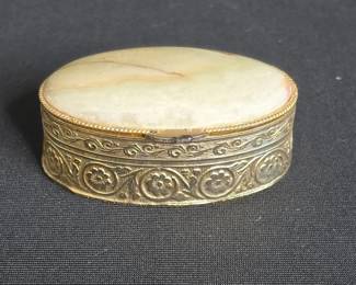 Victorian Style Hinged Pill Box with Onyx or Agate Stone