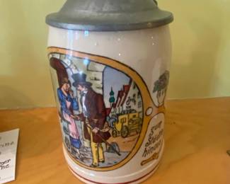 German Beer Stein with Pewter Lid  Man muss leben und sterben, so muss es sein